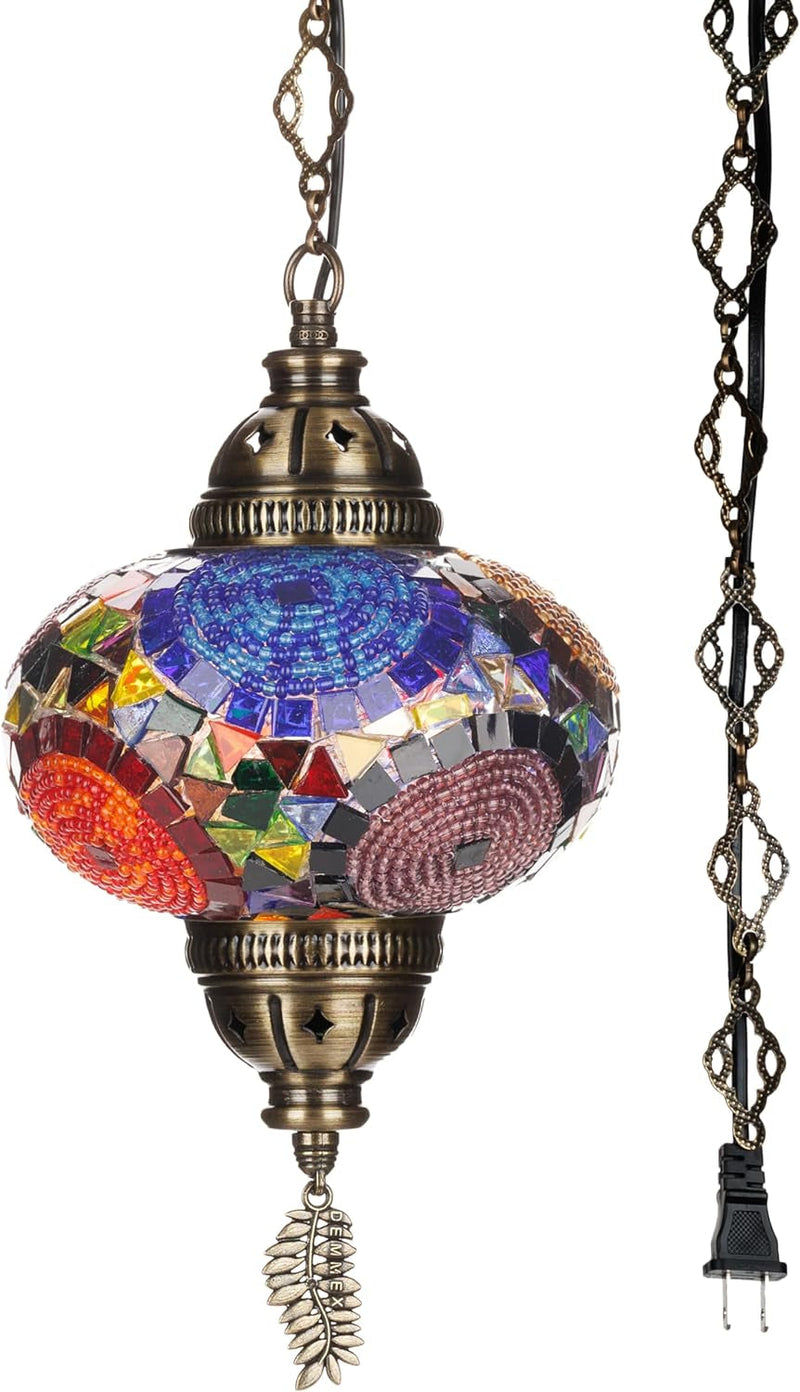 DEMMEX Authentic Turkish Plug in Pendant Light, 6.5" Big Size Globe, Made in Turkey, Turkish Moroccan Mosaic Ceiling Hanging Pendant Light Fixture Lamp, Swag Plug in with 15Ft Cord and Chain