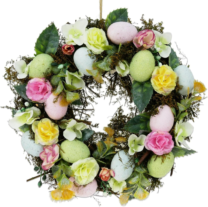 Dearsun 11.2" Spring Wreath Easter Wreath with Flowers, Eggs, Green Leaves and Twine, Hanging on Home Indoor Outdoor Front Door Wall Decorations(Wreath 2)