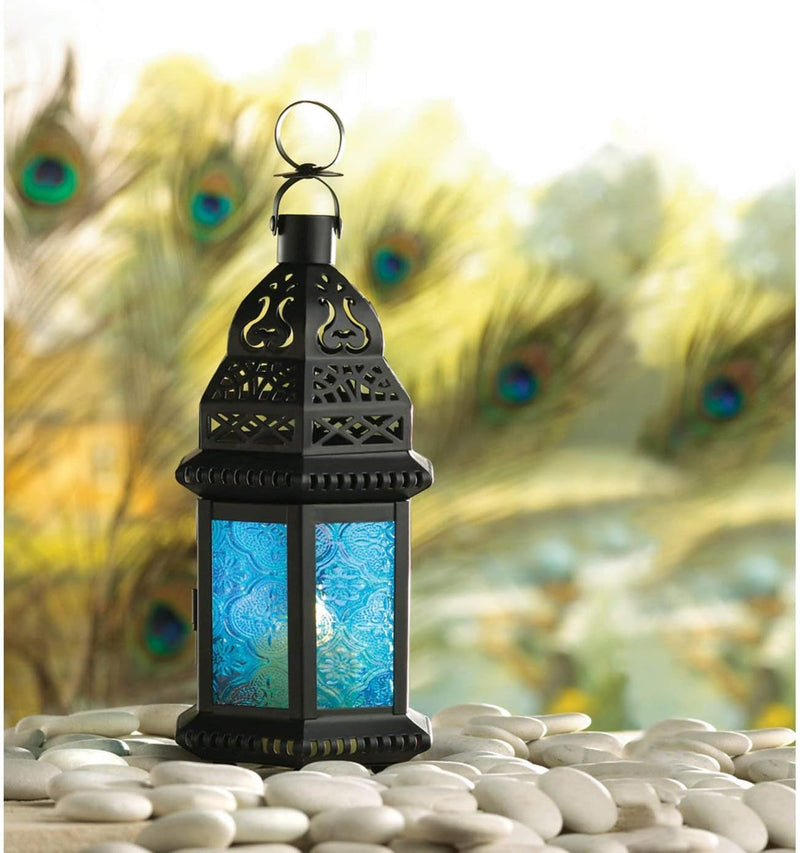 37438 10.25 Inch Glass Moroccan Style Lantern, 4.5" X 3.75" X 10.2", Blue, Black