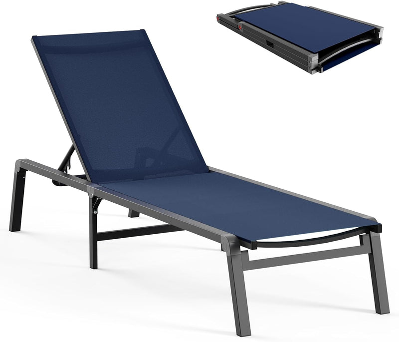 Aluminum Chaise Lounge Ourdoor - Foldable & Assemble Free Outdoor Lounge Chair with 5 Adjustable Backrest, Patio Lounge Chair for outside Poolside Beach Pool, Black