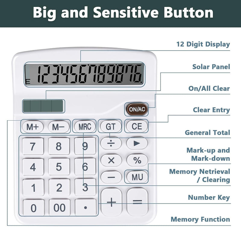 Cute White Desktop Calculator with Big Buttons, Dual Power Source, Solar and Battery, Large Display Screen - Perfect for Office, Teachers, and Students (White)