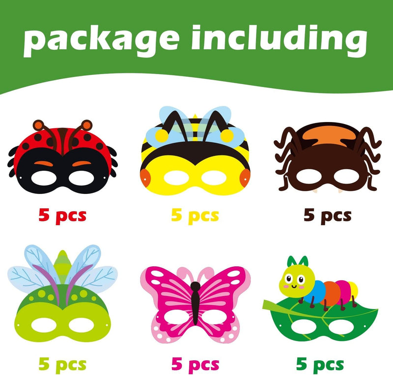 CY2SIDE 30Pcs Spring Bugs Paper and Elastic Masks for Kid,Spring Time Insect Theme Dress-Up Party Accessory Favor Supplies