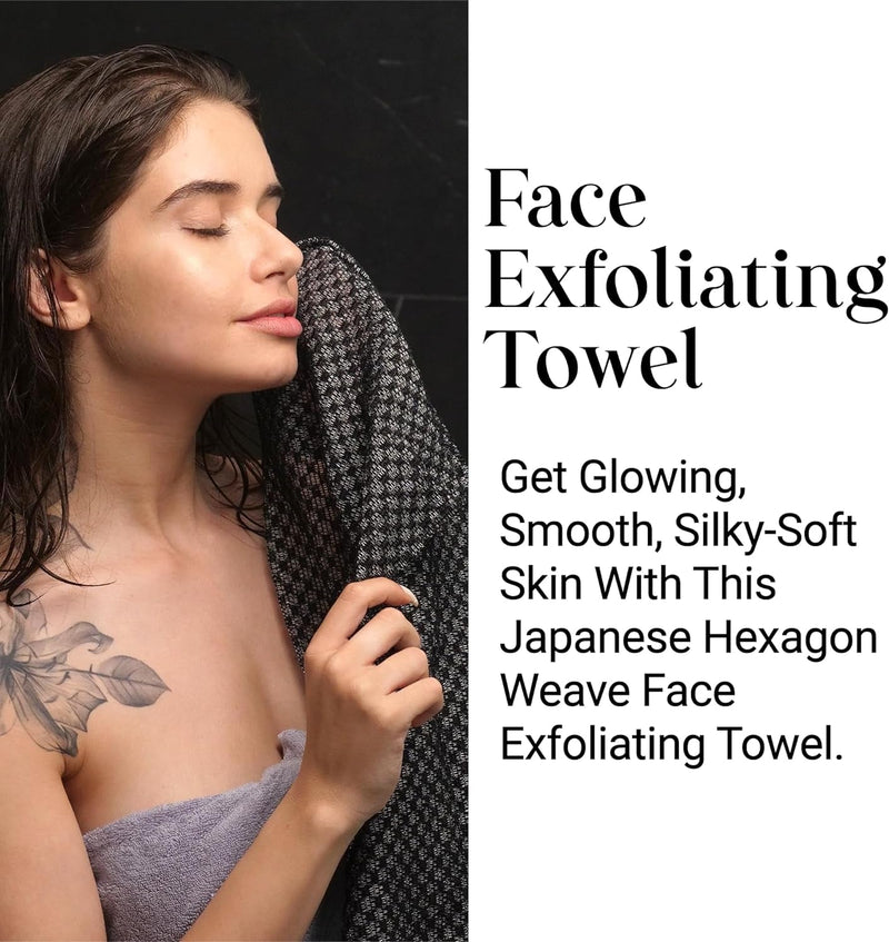 Exfoliating Washcloth Face & Body Scrub Towel - Japanese Exfoliating Towel with Hexagon Fibers, Exfoliating Body Scrubber with 2 Sides for Scrubbing & Washing (Face Towel - Black)