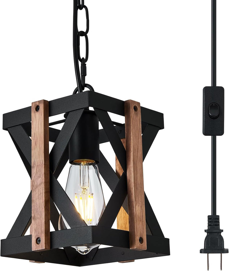 2 Pack Farmhouse Pendant Light Black Metal and Wood Cage Hanging Light Fixture 39 Inch Adjustable Chains Rustic Pendant Lighting Fixture for Kitchen Island Dining Room Bedroom Entryway Hall