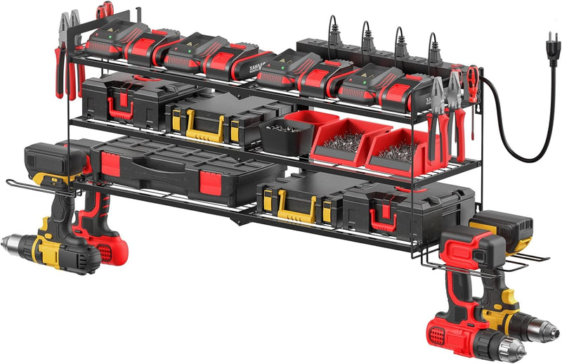 CCCEI Garage Tools Storage with Charging Station. Power Tool Battery Organizer Utility Shelf with Power Strip. 4 Drills Holder Wall Mount Rack, Black.