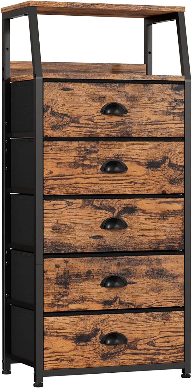 Furnulem Tall 4 Drawers Dresser, Vertical Storage Tower Black Dresser for Bedroom, Hallway, Entryway, Nursery, Closet Organizer, Nightstand Bedside Table Furniture, Sturdy Steel Frame, Wood Top