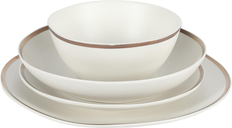 Gibson Elite Kings Road Double Plates and Bowl Organic round Porcelain Chip and Scratch Resistant Dinnerware Set - Matte White W/Gold Rim