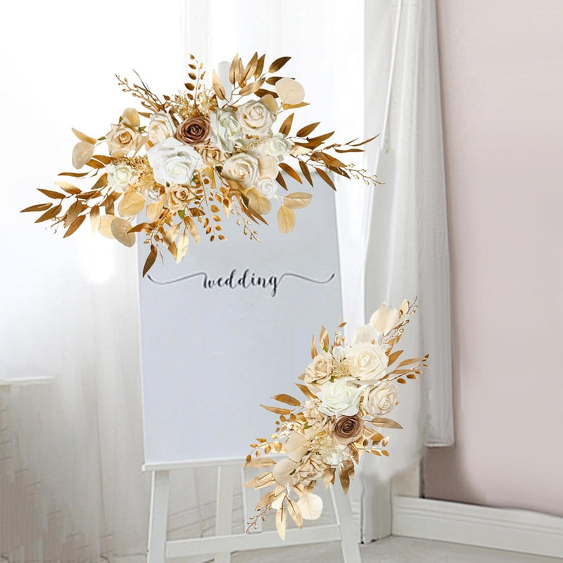 2Pcs Flower Swag Floral Swag Backdrop Novelty Wedding Arch Wreath Welcome Sign Decor for Reception Ornament Party, Gold