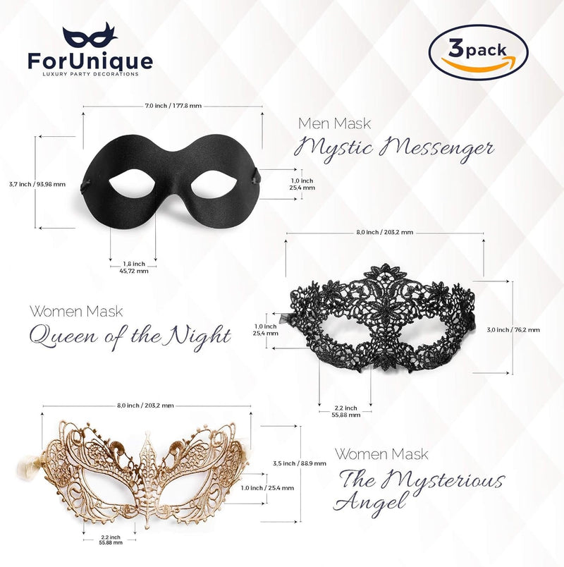 Forunique Masquerade Mask for Couples Women and Men - 3 Pack Venetian Gold and Black Lace, Mardi Gras Mask