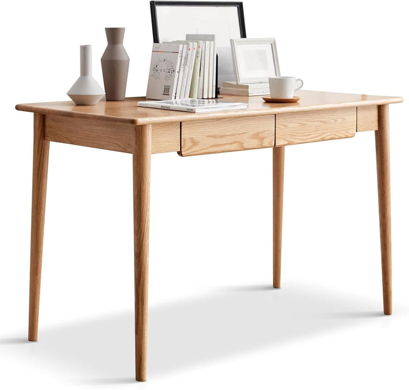 Home Office Writing Desk, Solid Wood Workstation Table with 2 Drawers for Small Spaces