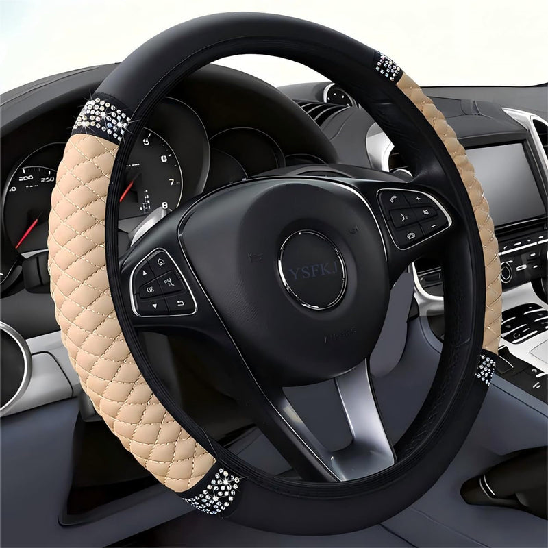 Diamond Leather Steering Wheel Cover Universal 15 Inch with Bling Bling Crystal Rhinestones, Anti-Slip Car Steering Wheel Protector for Women Girls (Black)