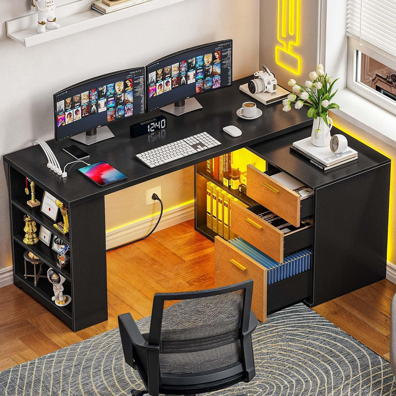 DWVO L Shaped Desk with Drawers, 59" Corner Computer Desk with Power Outlets & LED Lights, 360 Rotating Corner Desk Office Desk with Bookshelf, Wood Desk, Black