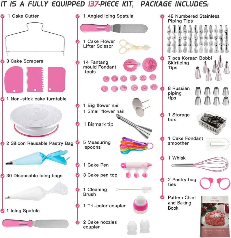 Cake Decorating Supplies Kit with Ebook, Cake Turntable for Decorating, 64 Icing Ping Tips, 32 Piping Bags,3 Icing Scrapers, 2 Spatulas, 14 Fondant Mould, Cake Leveler for Baking Beginners