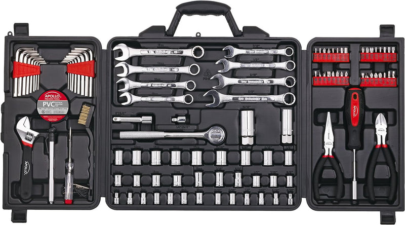 Apollo Tools 101 Piece Mechanic Tool Set for Roadside Emergencies. SAE and Metric for Mechanical Repairs for Boating, RV, Bikes, in Compact Carrying Case - Red - DT0006