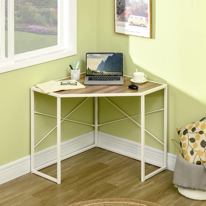 HOMCOM Corner Desk for Small Spaces, Small Computer Desk with Metal Frame, Space Saving Home Office Desk Workstation, White