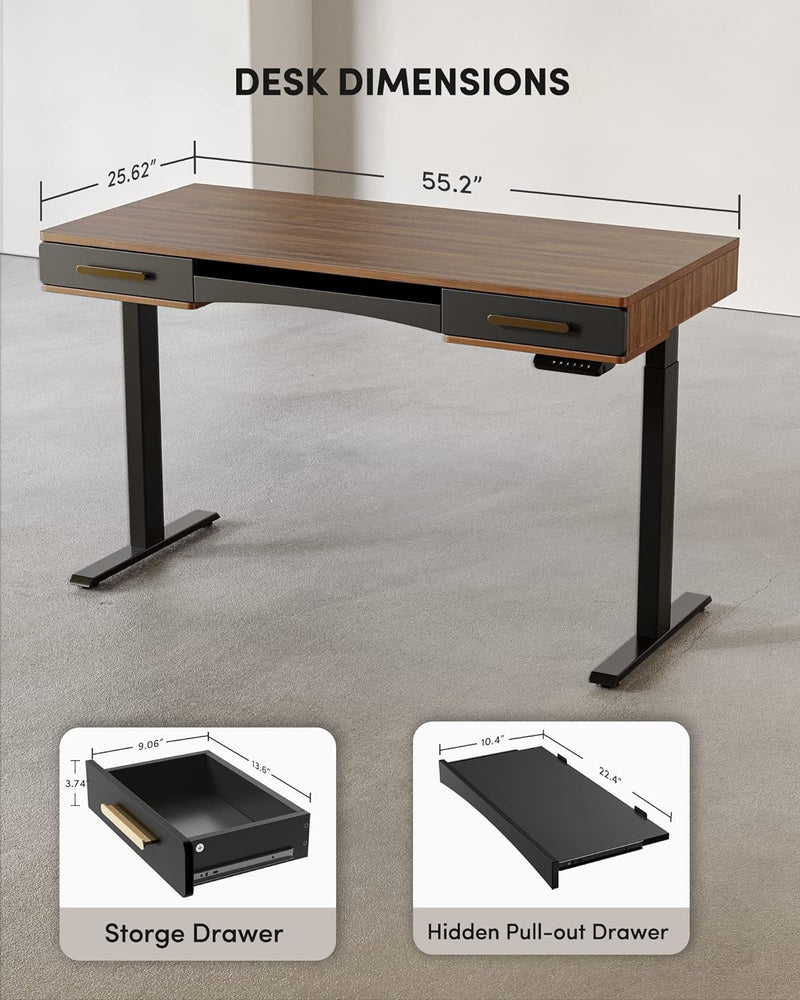 BANTI 55" X 26" Electric Standing Desk, Mid-Century Modern Desk with 3 Drawers, Stand up Home Office Desks, Vintage Top