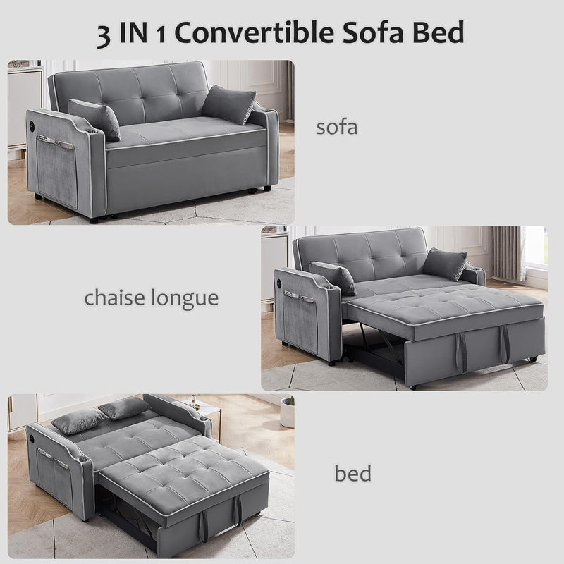 3 in 1 Convertible Sofa Bed with USB Ports, 55'' Velvet Comfy Loveseat Sleeper Sofa Couch with Cup Holders, Pull Out Couch Bed Sleeper Sofa with Storage, Living Room Furniture Set with Pillows (Grey)