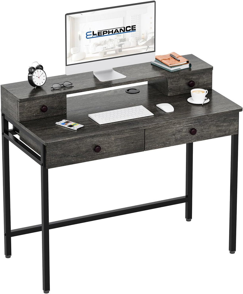 Elephance Small Computer Desk with Monitor Stand 39.37" Home Office Desk with 4 Drawers Study Writing Desk Gaming Table for Small Space