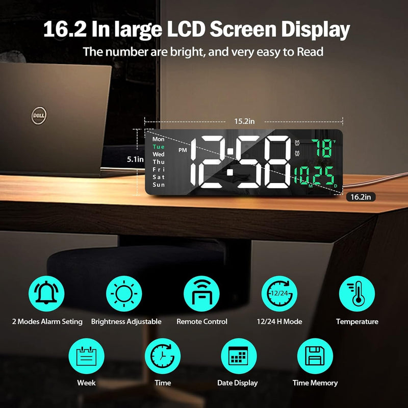 16.2" LED Digital Wall Clock with Remote, Auto Brightness, Alarm/Date/Temp/Week Display, 12/24Hr Format - Green