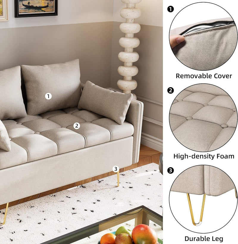 44.5 Inch Small Modern Loveseat Sofa Couch with Storage under Seat Cushion, Comfy Leather Fabric 2-Seat Sofa with 4 Pillows, Memory Foam, for Small Spaces, Living Room, Bedroom, off White