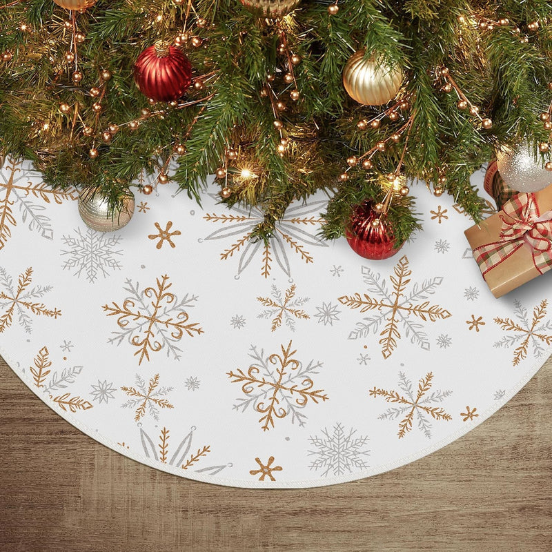 Christamas Tree Skirt 48 Inch, Snowflake Christmas Decorations for Home White Gold Christmas Decor Seaonal Winter Holiday Party Decorations