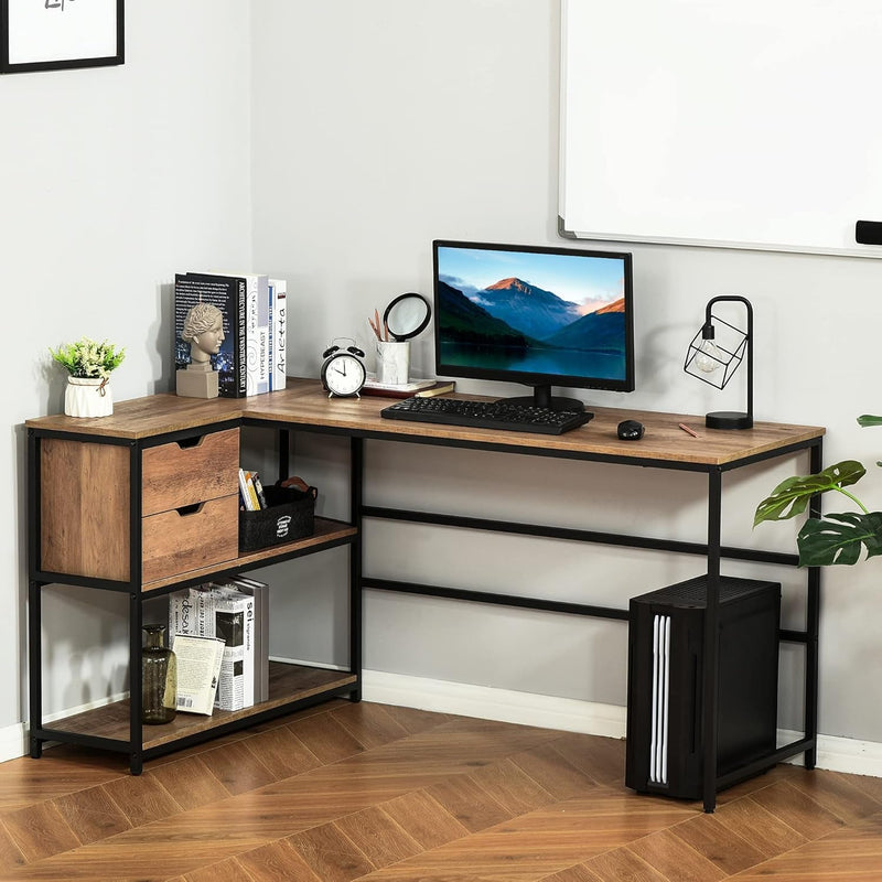 HOMCOM L-Shaped Home Offie Computer Desk with Storage Shelves, 2 Dawers and Industrial Steel Frame, Black/Brown