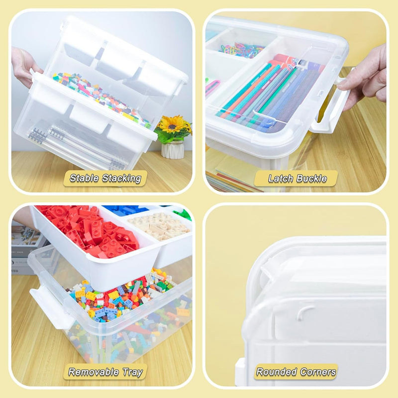 Creahaus 17 Quart Plastic Storage Box with Removable Tray, Durable Craft Organizers and Storage Container, Stackable Art & Craft Box with Lid for Organizing, Bead, Tool, Sewing (Clear)