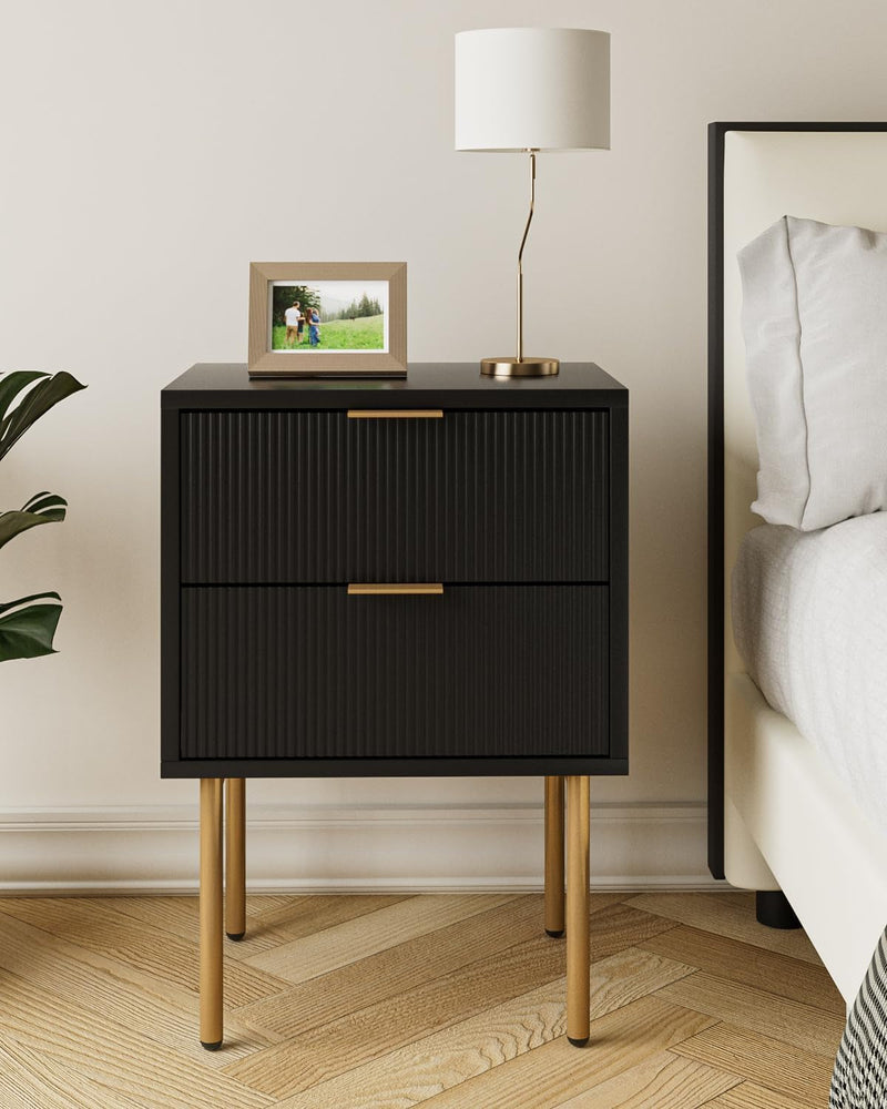 Dresser for Bedroom, Fluted Night Stand, End Table for Living Room, Mid Century Modern Bedside Table with Drawers, Nightstand with Gold Metal Legs, Bedroom Furniture Black Stripe