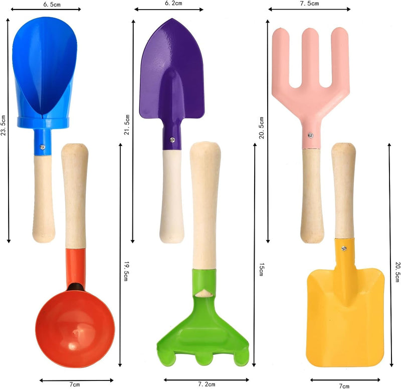 6 PCS 8" Kids Garden Tools, Made of Metal with Sturdy Wooden Handle, Beach Snow Toys Cylinder, Spoon, Fork, Rake, Flat & Pointed Shovels for Children