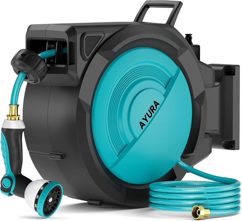 AYURA Retractable Garden Hose Reel, 1/2 Inch X 100 Ft Water Hose Reel Wall Mounted, UV Resistant Double Shell, Any Length Lock, Slow Auto-Rewind, 180°Swivel Bracket, 10 Pattern Nozzle