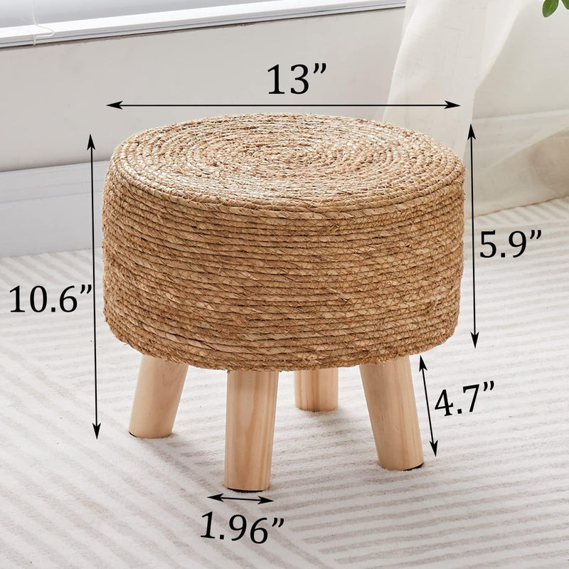 Cpintltr Foot Stool Natural Seagrass Hand Weave Poufs round Ottoman for Couch Desk Soft Step Stool Padded Foot Rest with Non-Skid Pine Legs for Hallway Office Lounge Natural