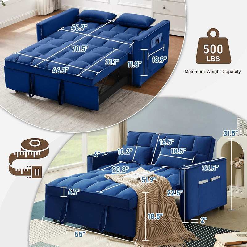 55'' 3-In-1 Sleeper Loveseat 2-Seater Pull Out Couch, Velvet Futon Adjustable Backrest, Reclining Sofa Bed with Pillows, Pockets, Perfect for Small Spaces, Living Room Furniture, Blue