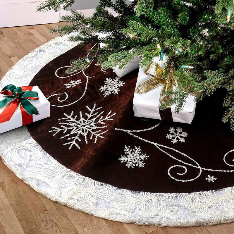 48 Inches Christmas Tree Skirt, Luxury Red Velvet Tree Skirt with Sequin Embroidery for Xmas Holiday Party Decorations Christmas Ornaments