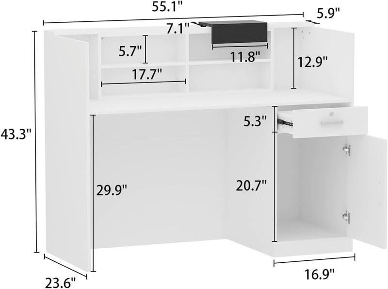 Homsee Modern Reception Desk Counter with Hutch, Adjustable Storage Cube, Lockable Drawer & 1 Door Cabinet, Office Wooden Computer Desk Reception Table, White and Black