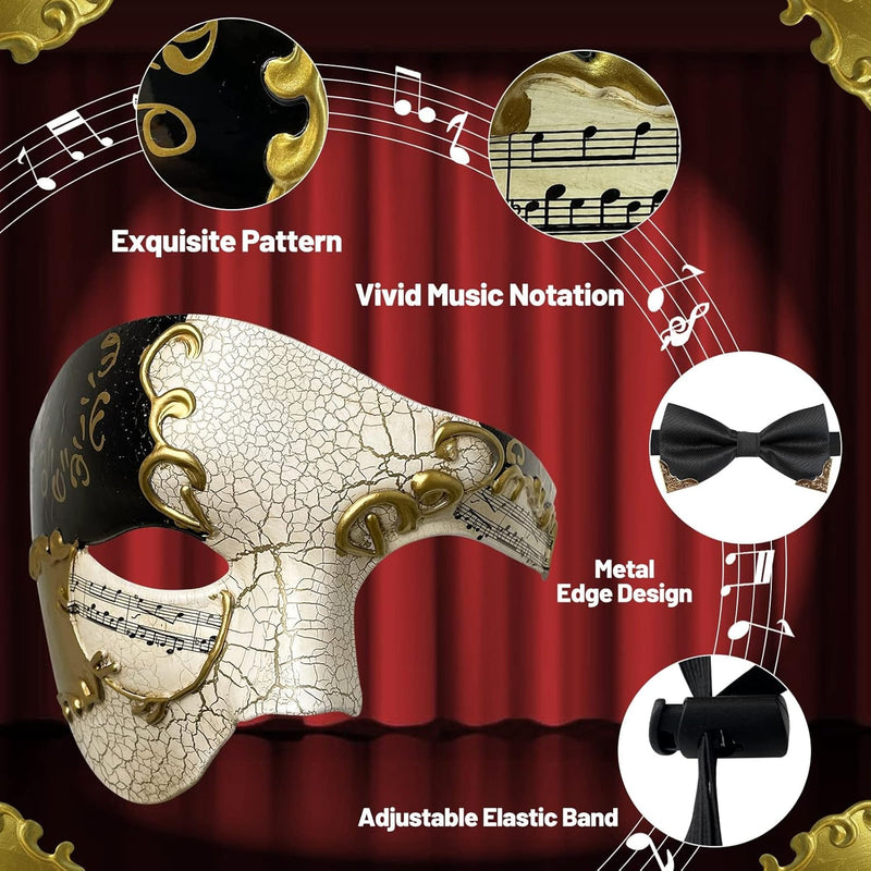 Funmular Masquerade Mask for Men Phantom of the Opera Half Face Mask with Bowtie, Venetian Masks for Halloween Party