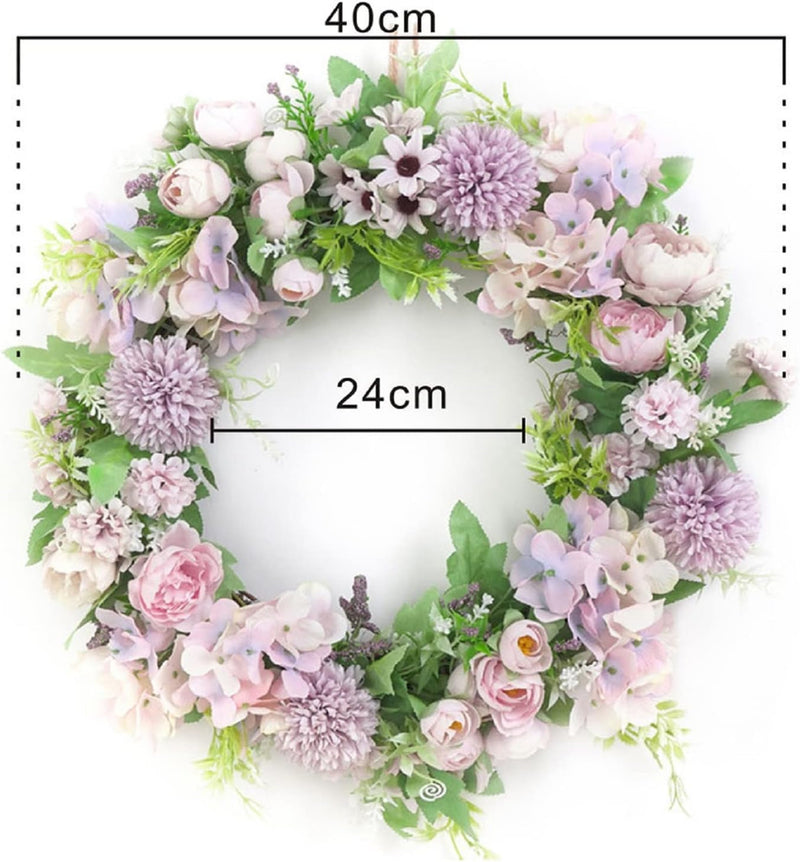 15.7Inch Artificial Light Blue Hydrangea and Peony Floral Spring Wreath Silk Peony Wreath with Green Leaves Welcome Front Door Wreath for Wedding Wall Home Decor