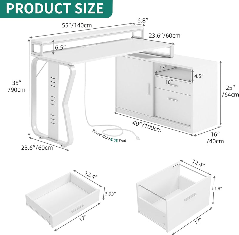 DWVO Reversible L Shaped Desk with Drawers, 55" Corner Computer Desk with Power Outlets, Home Office Desk with Sliding Door & LED Lights, White