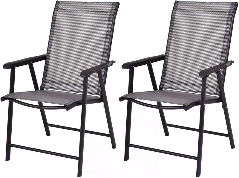 Giantex Set of 4 Patio Chairs, Outdoor Folding Chairs, Portable Dining Chairs for Garden Camping Poolside Beach Deck, Lawn Chairs with Armrest, 4-Pack Sling Chairs, Metal Frame, Grey