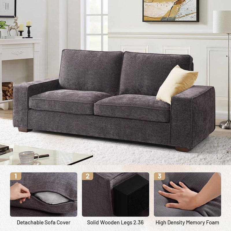 EASELAND 71.25" Loveseat Sofa Couch for Living Room, Chenille Modern Sofa Couch, Deep-Seated Sofa with Solid Wood, Metal and Removable Cover Easy to Install (2 Seats, Dark Grey)