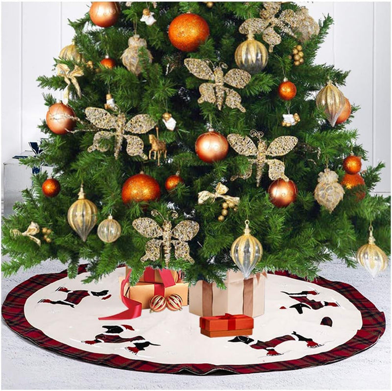 Glitzhome Christmas Tree Skirt 48" Fabric Dachshund Pattern Plaid Edge Large round Tree Skirt for Holiday Xmas Party Decorations