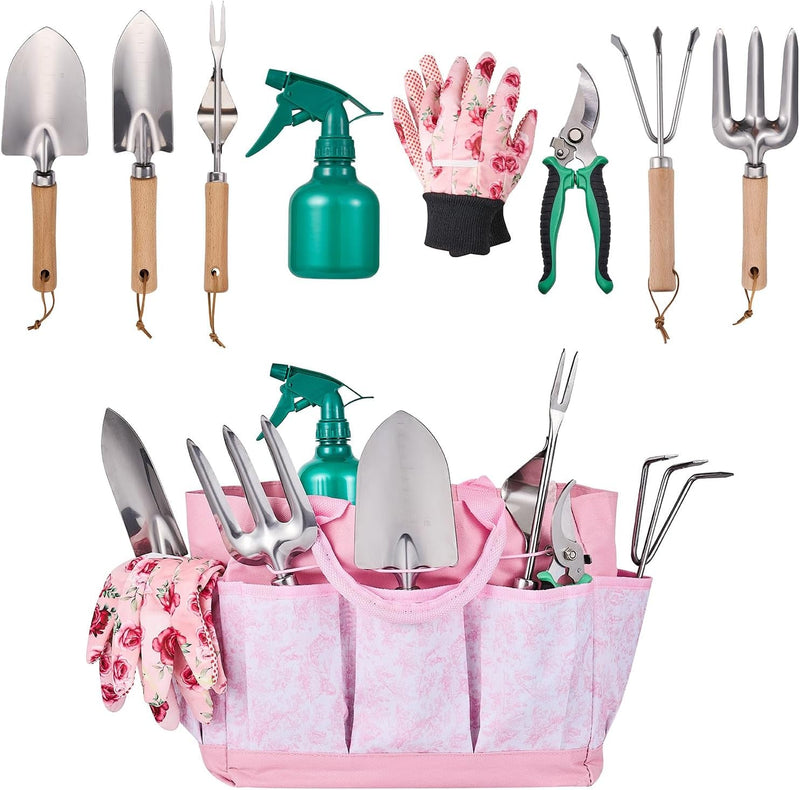 Gardening Tools of 9 Pieces | Stainless Steel Heavy-Duty Gardening Hand Tools with a Delicate and Durable Storage Bag and Anti-Slip Rubber Gloves | Garden Tools Make Ideal Gardening Gifts for Women