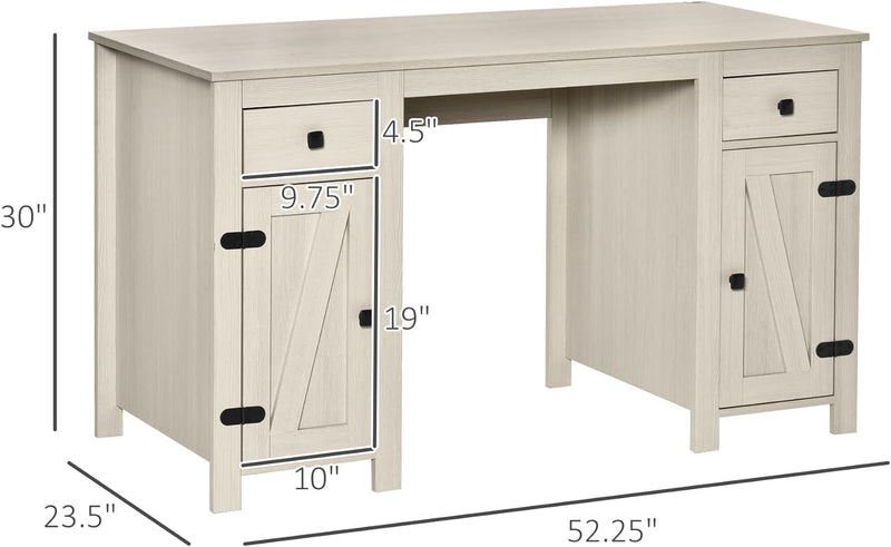 HOMCOM Farmhouse Computer Desk with Storage, Home Office Desk with 2 Drawers and 2 Cabinets, Cream White