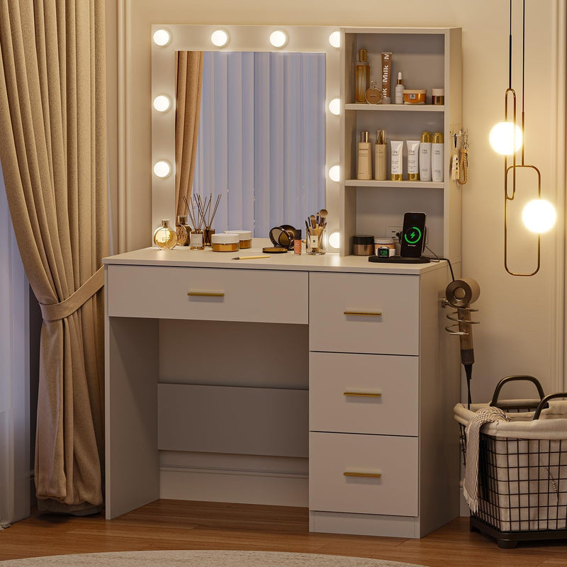 37" W Makeup Vanity Desk,Vanity Desk with LED Lighted Mirror & Power Outlet,Makeup Table with 4 Drawers,3 Color Modes & Adjustable Brightness Dressing Table for Bedroom, White