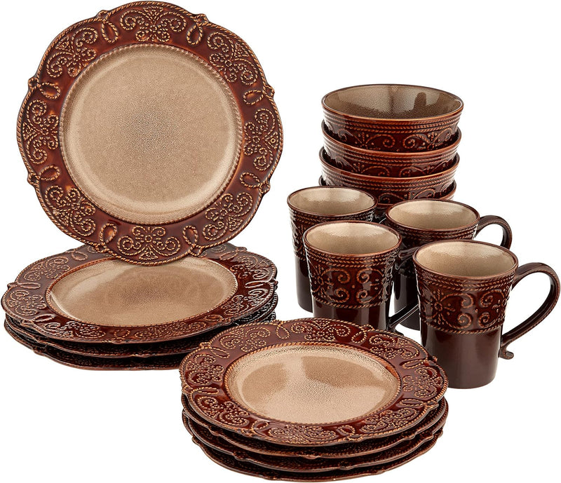 Elama round Decorated Stoneware Scallop Embossed Dinnerware Dish Set, 16 Piece, Luna