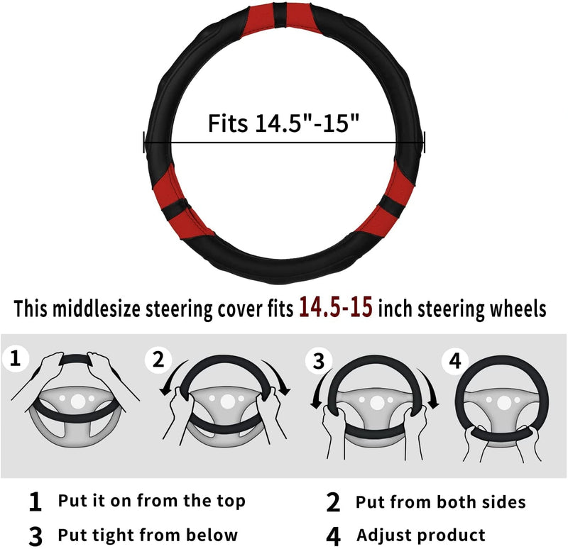 Achiou Black and Red Car Steering Wheel Cover Universal 15 Inch with Grip Contours, Leather Auto for Men and Women Non-Slip Breathable Soft and Comfortable