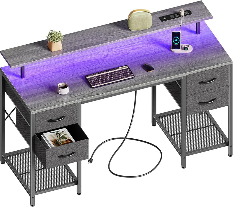 47 Inch Computer Desk with 4 Drawers, Gaming Desk with LED Lights & Power Outlets, Home Office Desk with Large Storage Space for Bedroom, Work from Home, White