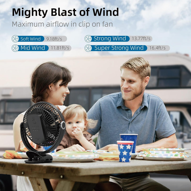 10000Mah 30Hrs Rechargeable Fan Portable, 8 Inch Clip on Fan, Battery Operated Fan, Golf Cart Fan, 4 Speeds, Sturdy Clamp, Quiet USB Fan for Desk Treadmill Camping Truck Outdoor Travel Home Office