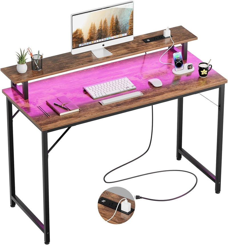 47 Inch Computer Desk with Power Outlets, Gaming Desk with LED Lights, Home Office Work Desk with Monitor Shelf, Modern Office Desk Study Writing Table for Small Spaces, Black Oak