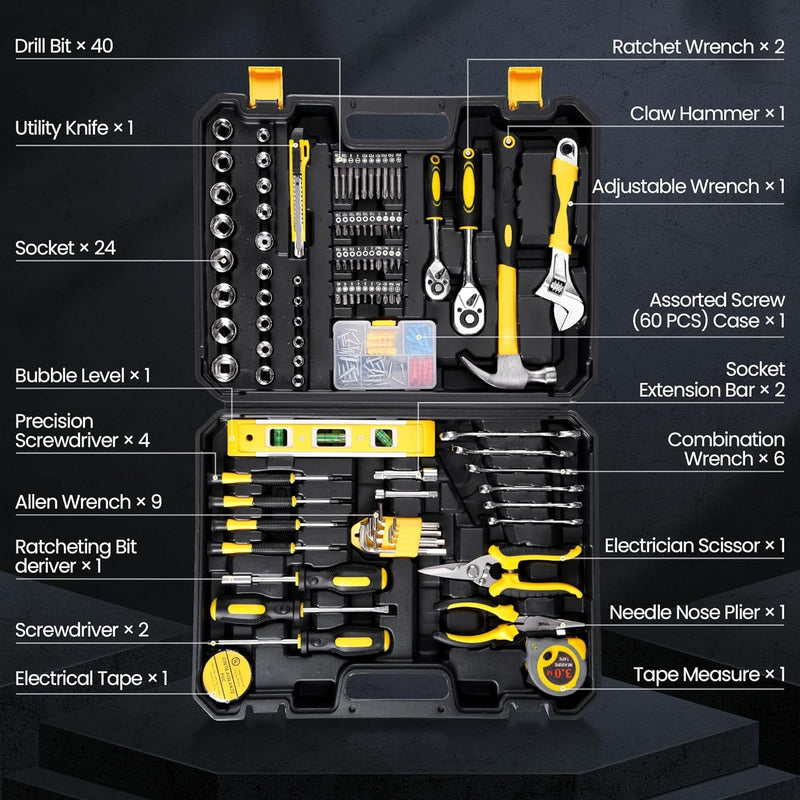 158-Piece Tool Kit, Multi-Purpose Hand Tool Set for Automotive, Car, and Household Repairs with Ergonomic Handles, Portable and Compact Toolbox for Home and Outdoor Use