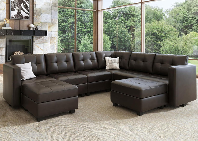 HONBAY Modular Sectional Couch with Storage Oversized U Shaped Couch with Ottomans and Chaises Faux Leather 8-Seater Sectional Sofa for Living Room, Brown